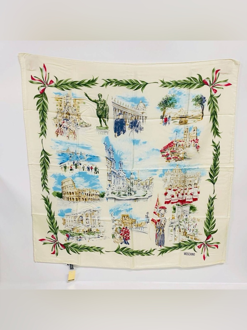 Moschino vintage NWT Cream Scenic Rome Silk Scarf Green Laurel Border